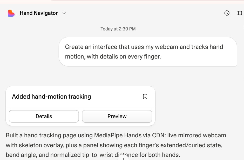 Lovable prompt — creating the hand tracking interface